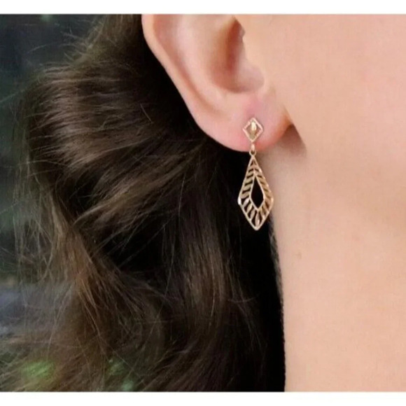 14k Yellow Gold Filigree Dangle Drop Earrings - Picture 2 of 7